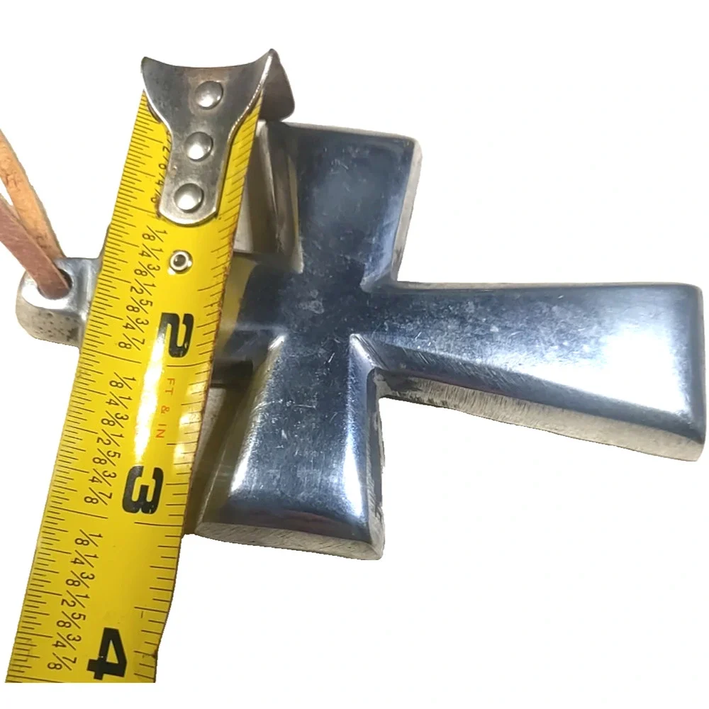 Large Heavy Solid Metal Silver Tone Cross Brutalist Leather Strap